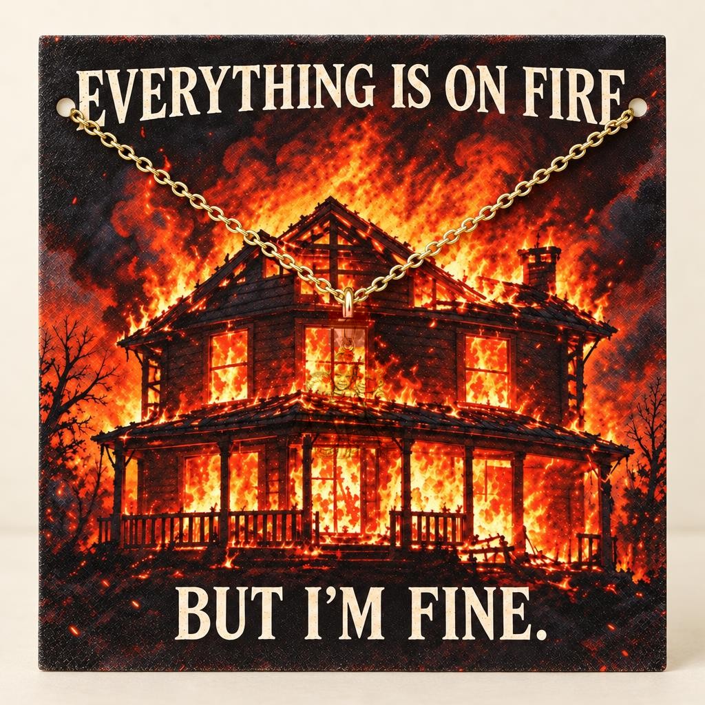 Everything Is On Fire Charm Necklace Set – 18K gold, on its message card
