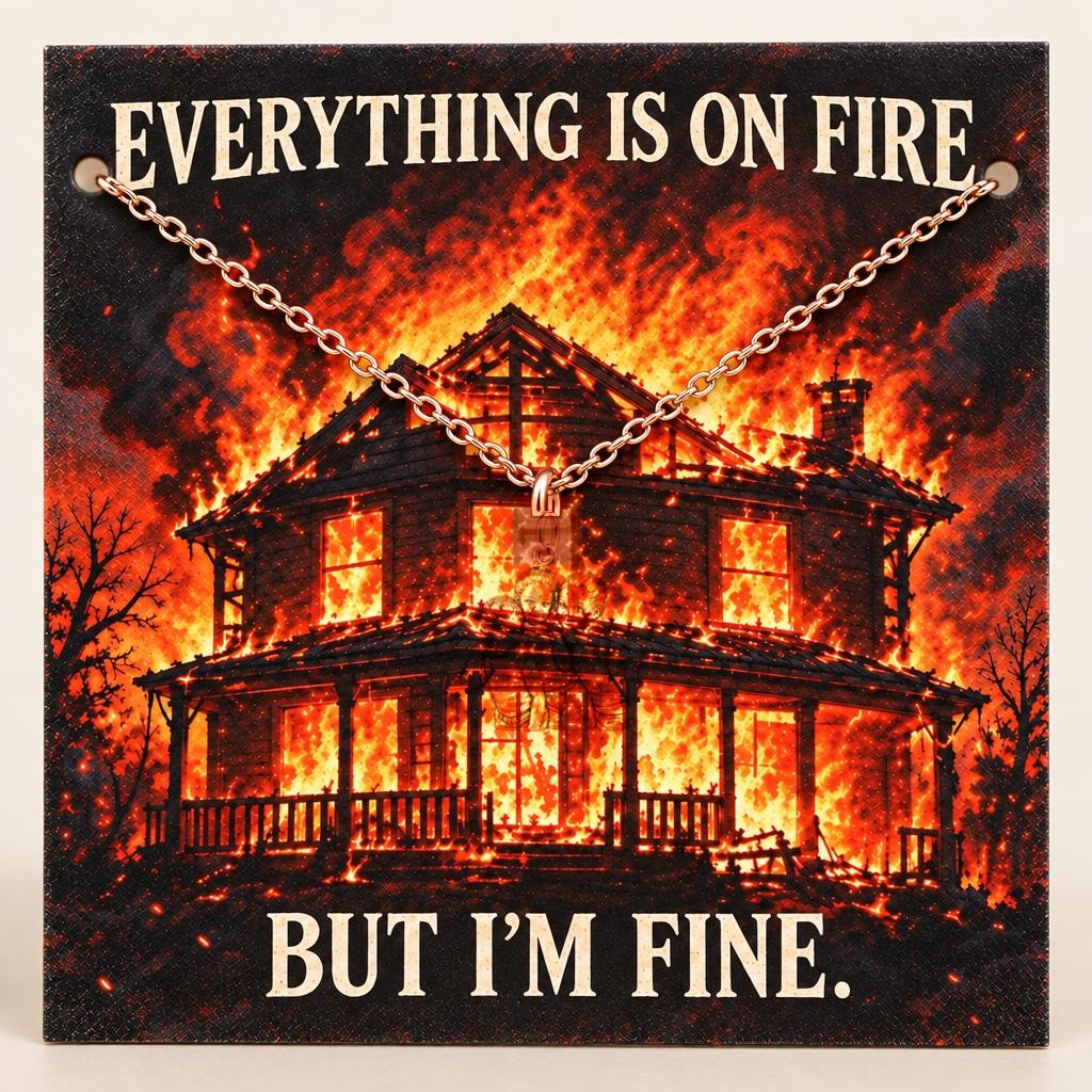 Everything Is On Fire Charm Necklace Set – rose gold, on its message card