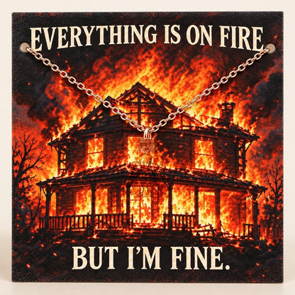 Everything Is On Fire Charm Necklace Set – rose gold, on its message card