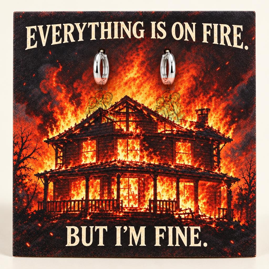 Everything Is On Fire Huggie Charm Earrings – silver, on its message card