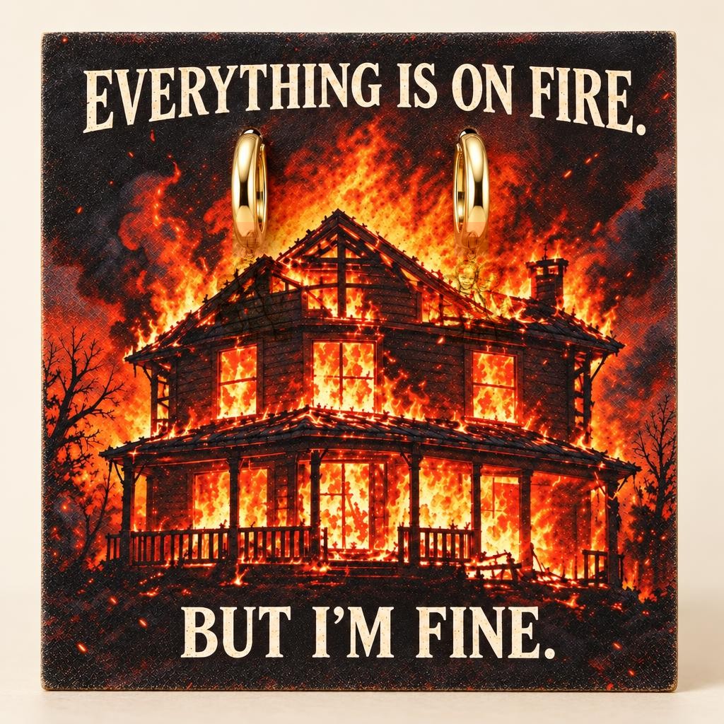 Everything Is On Fire Huggie Charm Earrings – 18K gold, on its message card