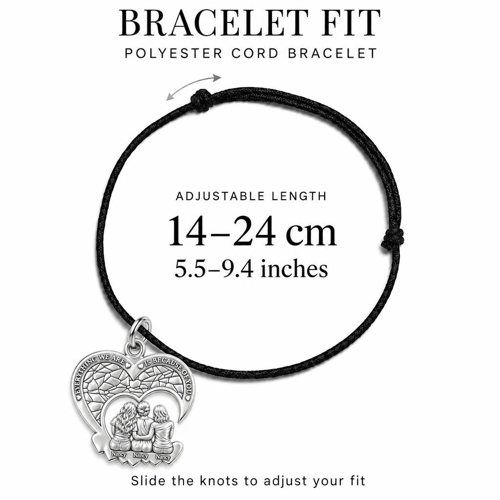 Everything We Are Heart Charm Bracelet – Personalized Mom Gift – adjustable black cord bracelet, 14–24 cm