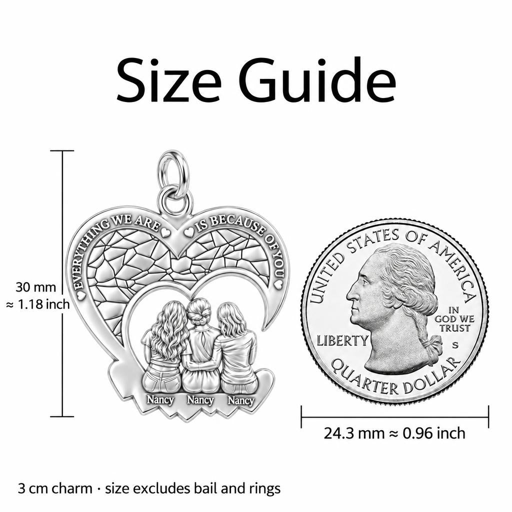 Everything We Are Heart Charm Bracelet – Personalized Mom Gift – size guide, 3 cm charm next to a quarter