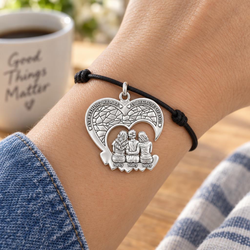 Everything We Are Heart Charm Bracelet – Personalized Mom Gift – worn on the wrist on a black cord bracelet