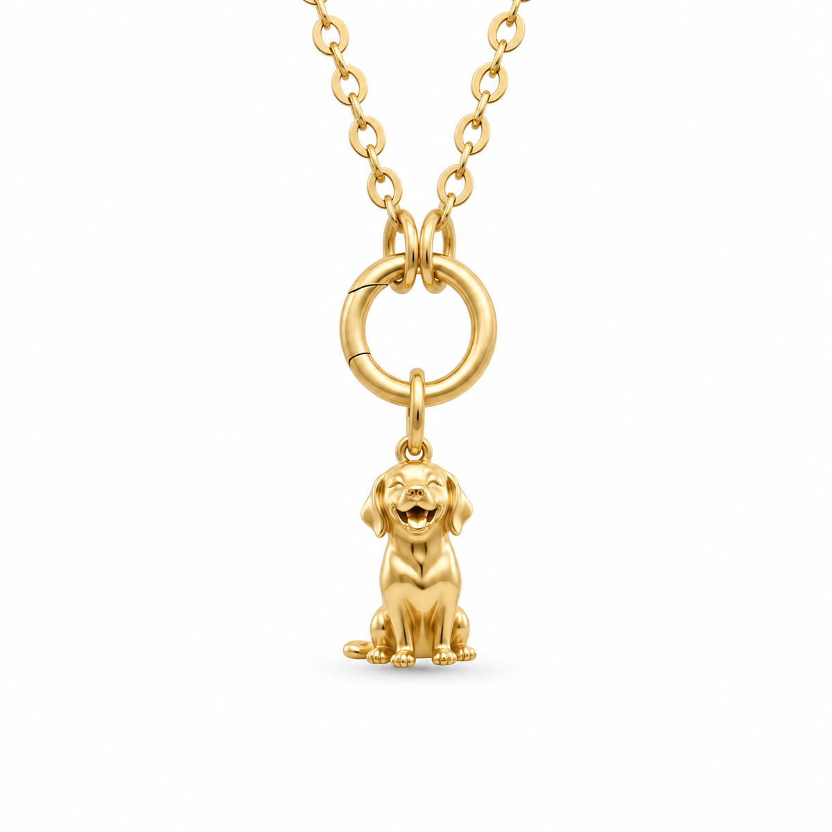 Gold dog companion charm necklace featuring a smiling puppy pendant hanging from a circular clasp and chain.