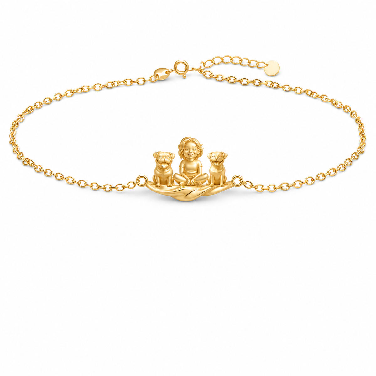 Full view of the gold personalized bracelet with an adjustable chain and secure lobster claw clasp.