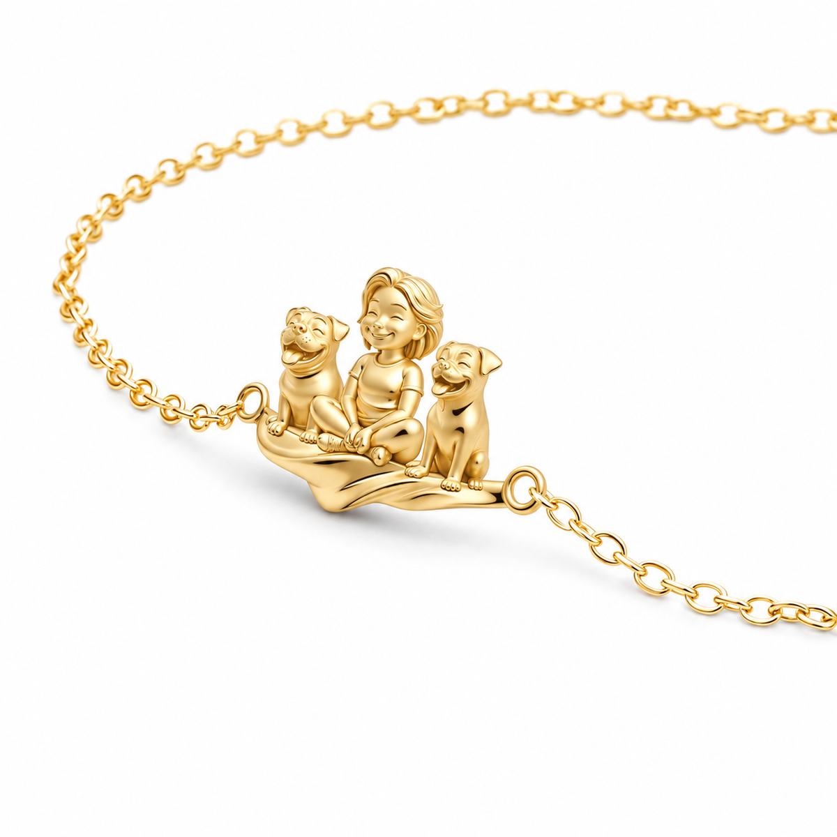 Close up of a gold vermeil Girl And Her Pets Bracelet featuring a girl and two dogs.