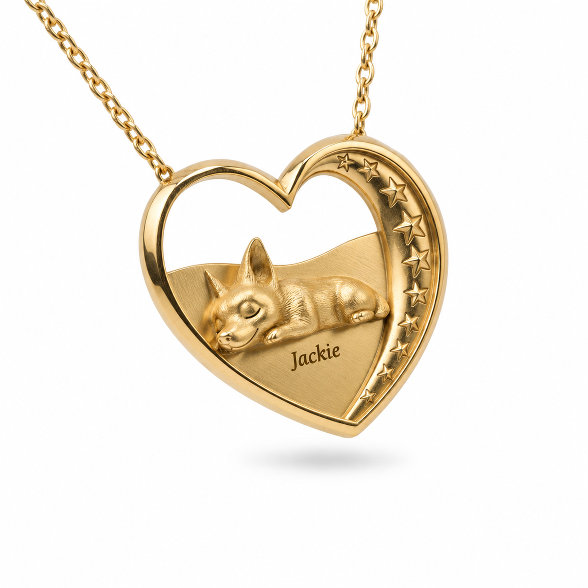 Side view of a 18K gold vermeil heart necklace showing the detailed starry arc and engraving.
