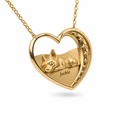 Side view of a 18K gold vermeil heart necklace showing the detailed starry arc and engraving.