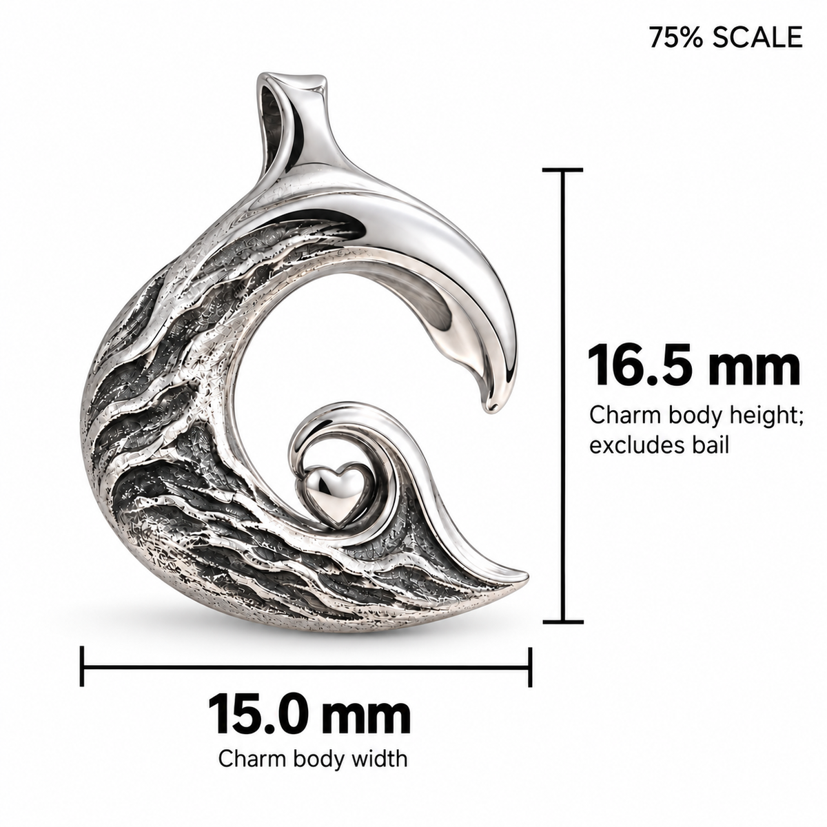 Wave Heart charm dimensions: 15 mm wide and 16.5 mm high excluding bail