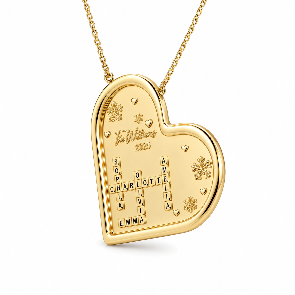 Side view of a gold heart crossword necklace showing the polished finish and engraved family names