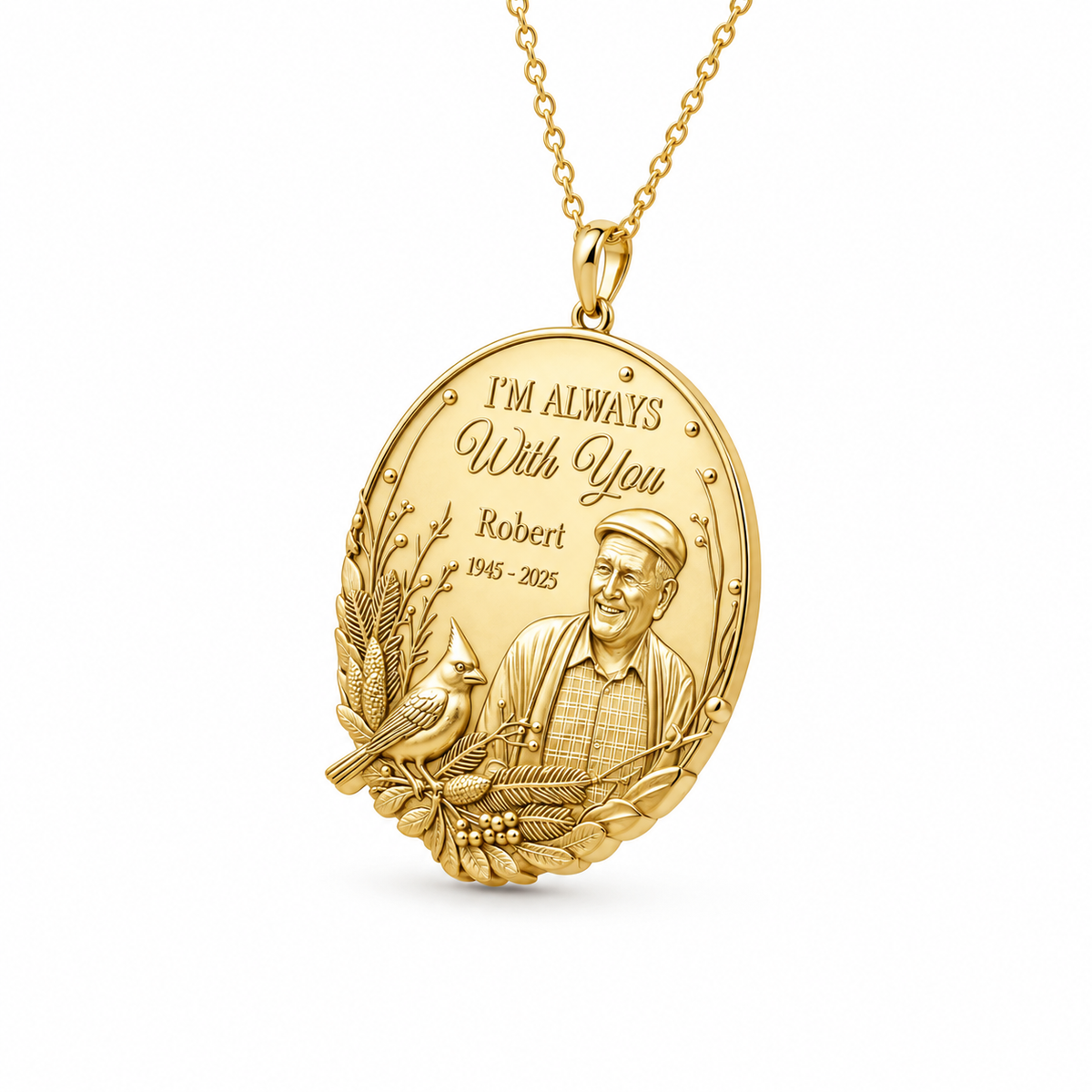 Angled view of a gold memorial necklace showing the detailed engraving of a loved one and cardinal.