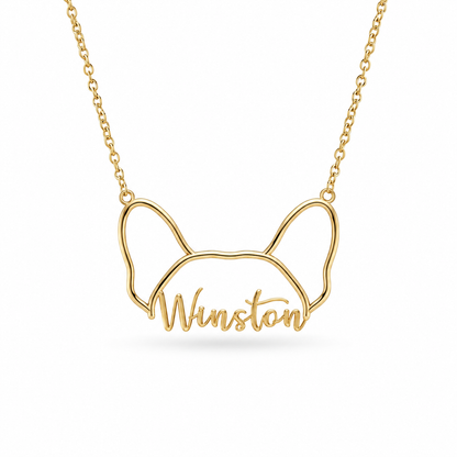 Gold vermeil necklace featuring a French Bulldog face outline pendant personalized with the name Winston.