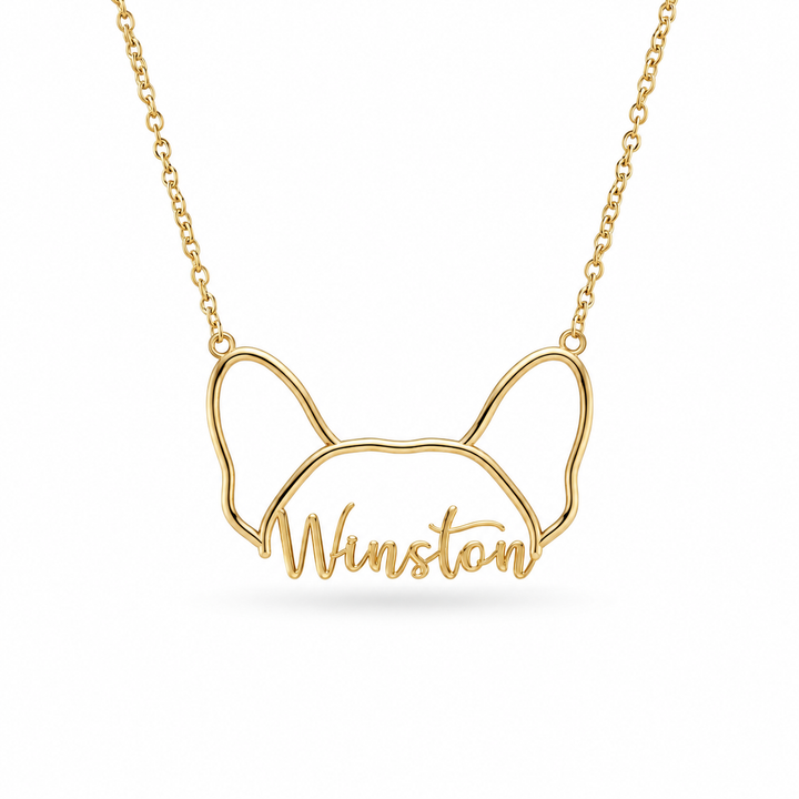 Gold vermeil necklace featuring a French Bulldog face outline pendant personalized with the name Winston.