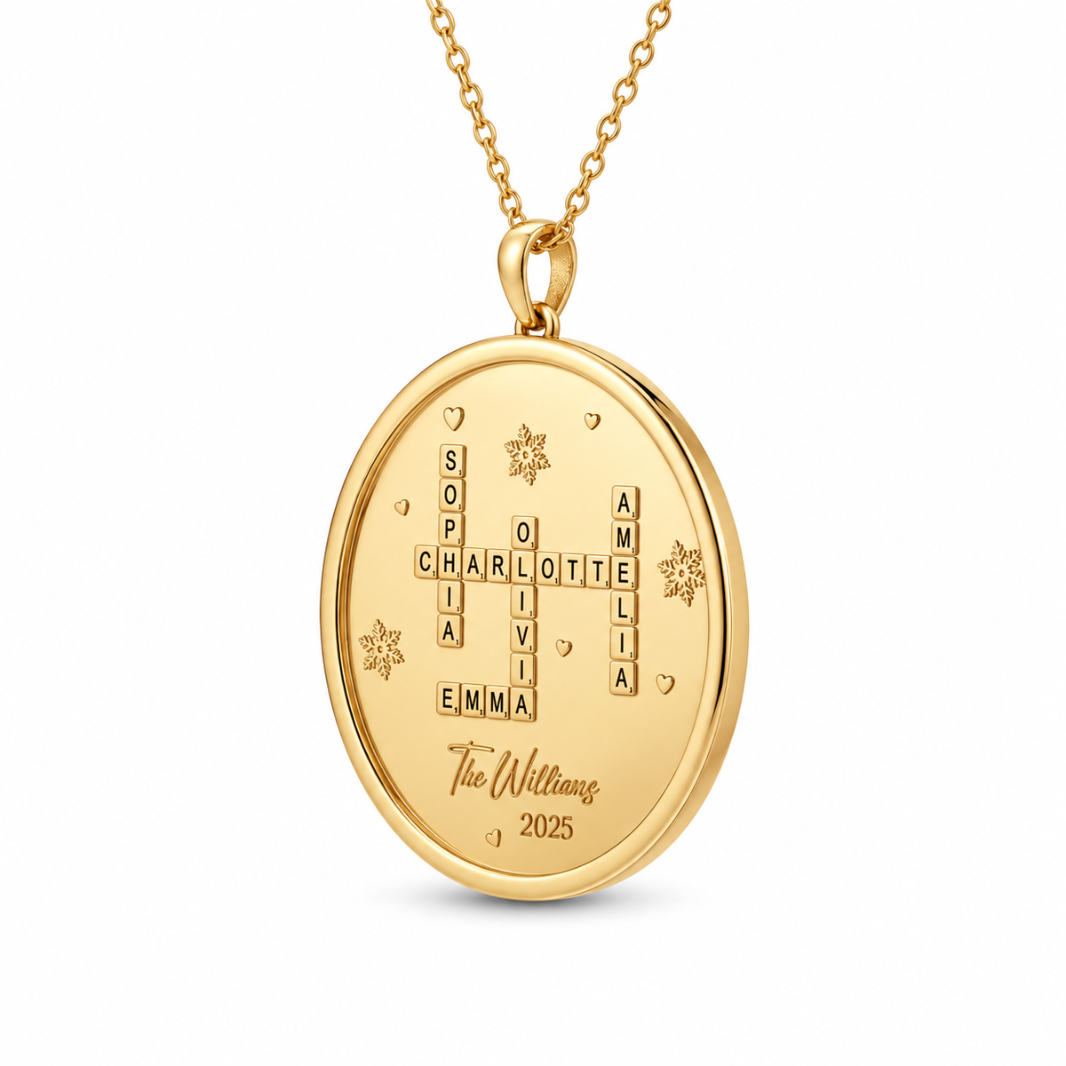 Oval gold vermeil necklace engraved with a custom family crossword and the year twenty twenty five