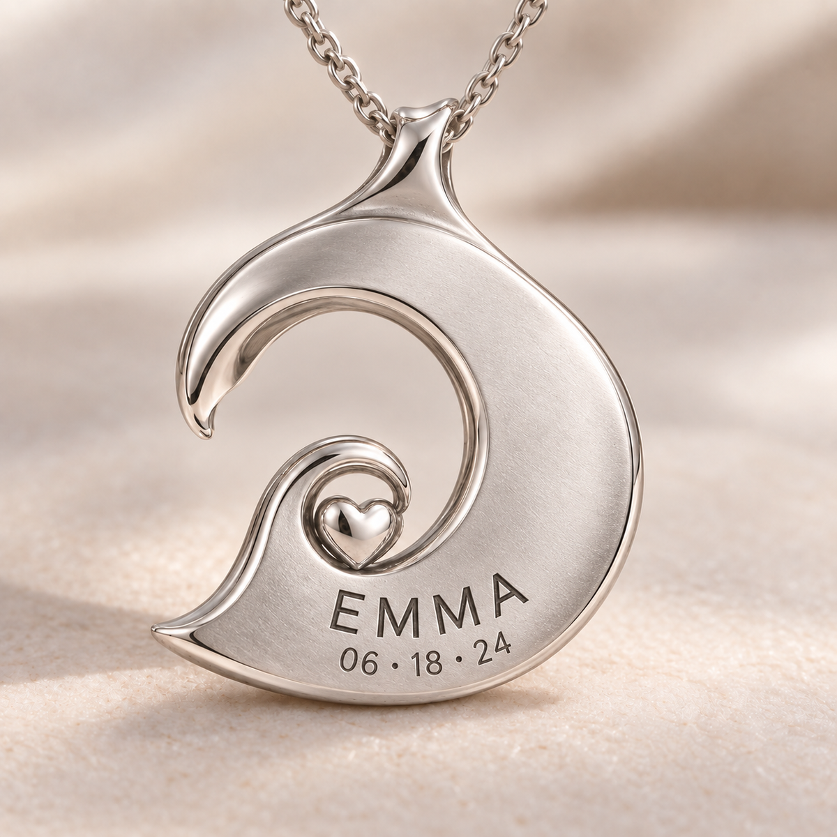 Wave Heart charm back engraving personalized with a name and date