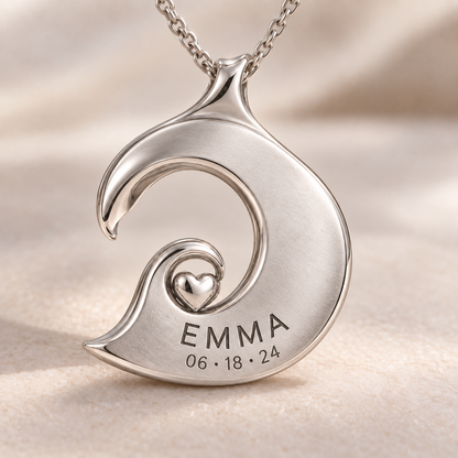 Wave Heart charm back engraving personalized with a name and date