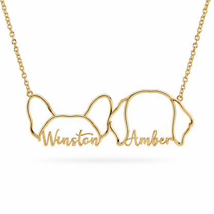Custom gold necklace with two pet face outlines for French Bulldog and Labrador with names engraved.