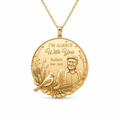 Gold vermeil personalized memorial photo necklace featuring a cardinal bird and engraved portrait of a smiling man.