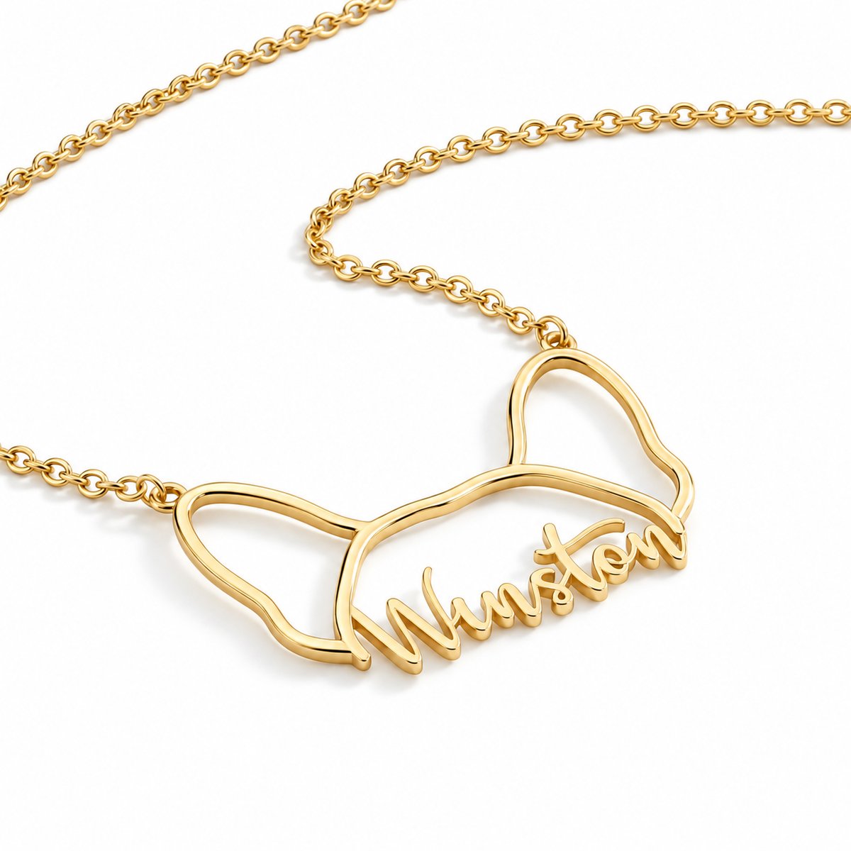 Close up view of a gold personalized pet face outline necklace showing the delicate cable chain.