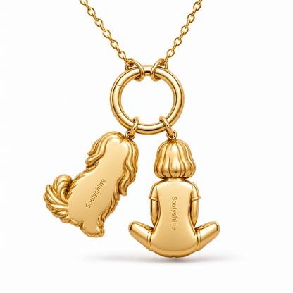 Back view of the personalized girl and pet charm necklace showing the smooth metal and brand engraving.