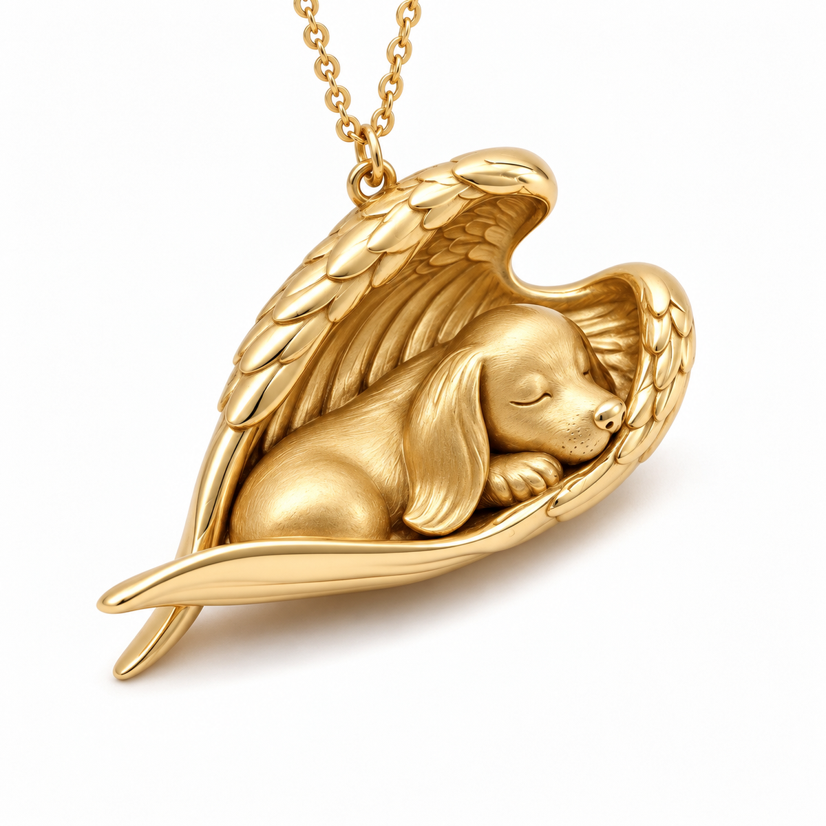 Close up view of the gold sleeping angel pet necklace showing intricate feather textures on wings.