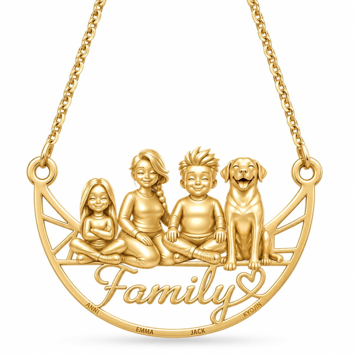 Gold vermeil family and pet portrait necklace featuring three people and a dog sitting on a heart.