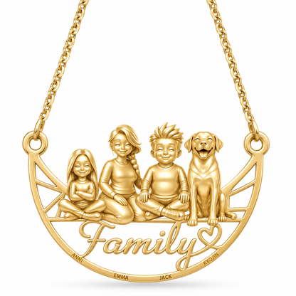 Gold vermeil family and pet portrait necklace featuring three people and a dog sitting on a heart.