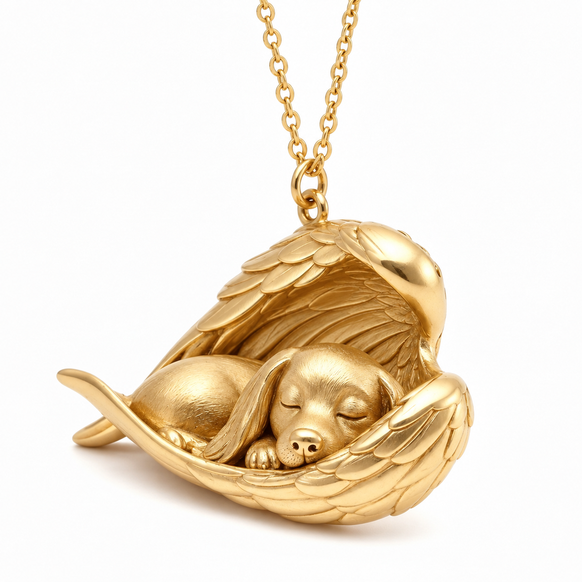 Side angle of the gold pet memorial necklace highlighting the three dimensional sculpture of the dog.