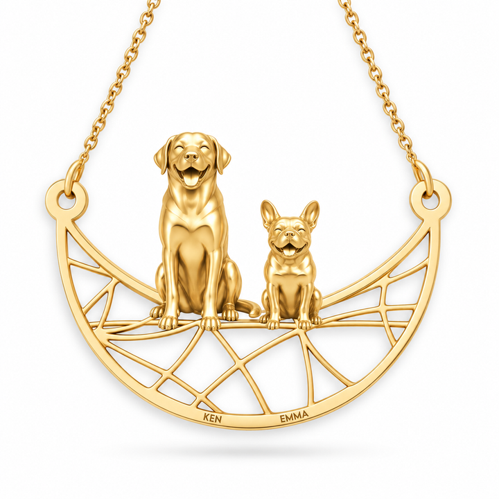 Gold personalized pets necklace featuring a 3D Labrador and French Bulldog on a crescent moon pendant.