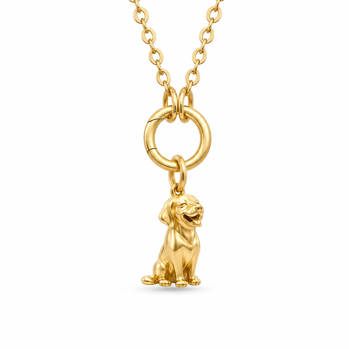 Side view of a gold dog companion charm necklace highlighting the three dimensional sculpted pet pendant design.