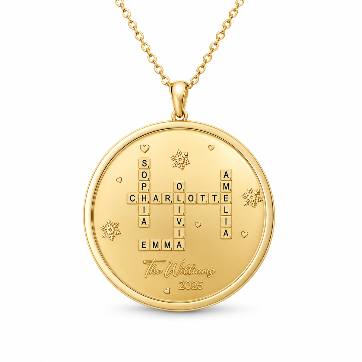 Round gold pendant featuring a personalized family name crossword design with small heart and snowflake accents