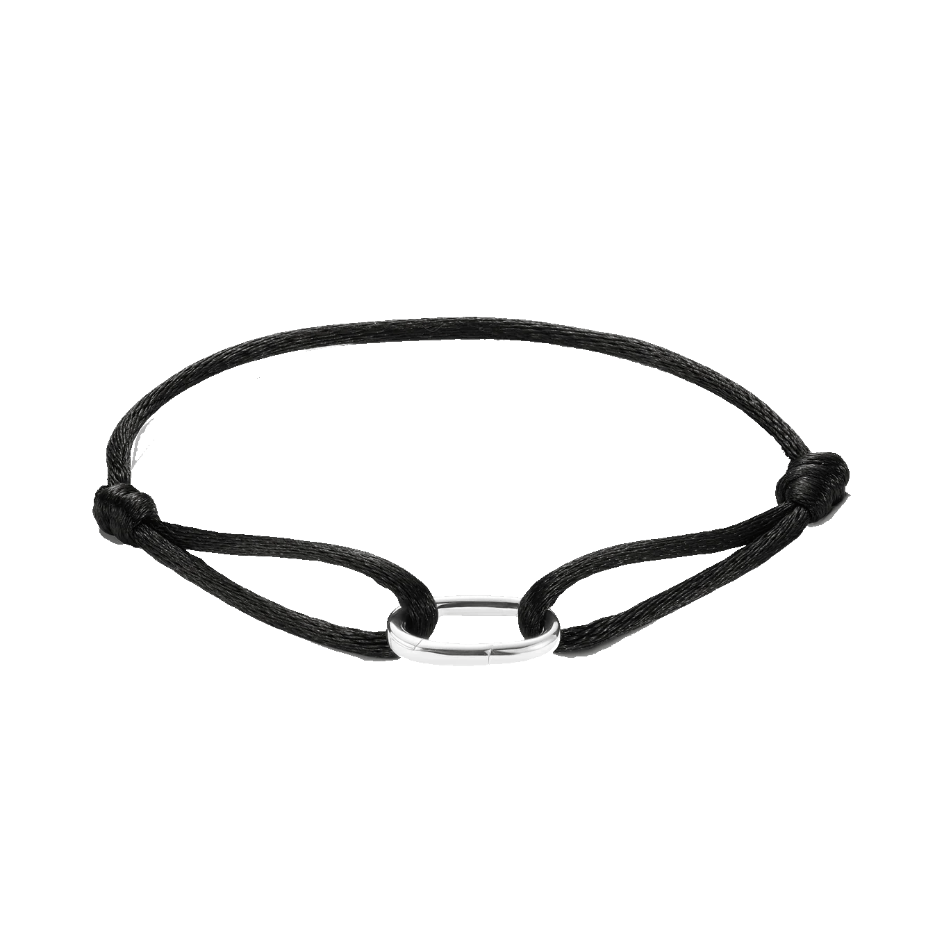 Black cord bracelet with a polished silver oval connector shown against a plain white background.