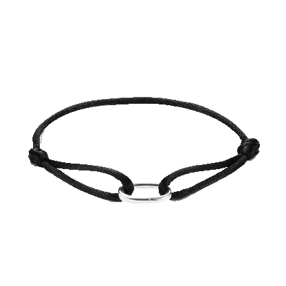 Black cord bracelet with a polished silver oval connector shown against a plain white background.