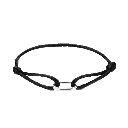 Black cord bracelet with a polished silver oval connector shown against a plain white background.