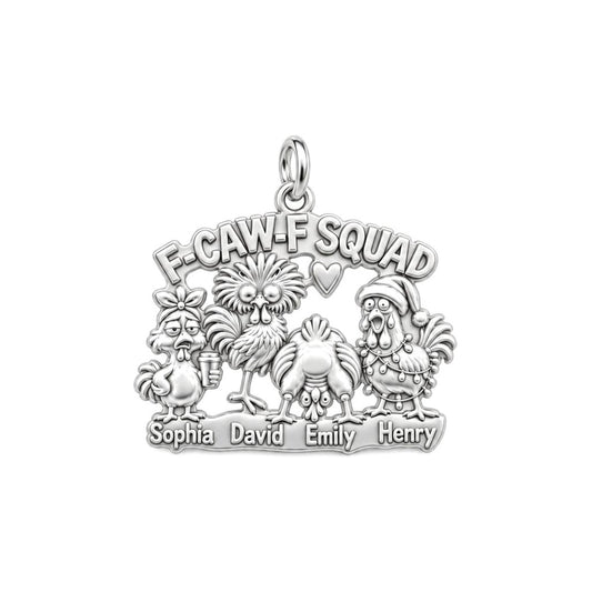 F-CAW-F Squad Chicken Charm Bracelet – Personalized Mom Gift – silver plated 3 cm charm, front view
