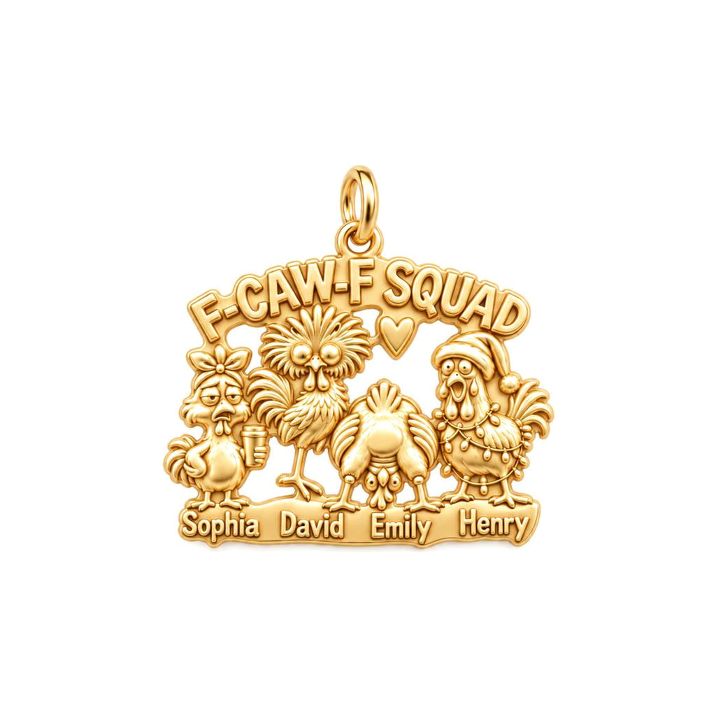 F-CAW-F Squad Chicken Charm Bracelet – Personalized Mom Gift – 18K gold plated 3 cm charm, front view