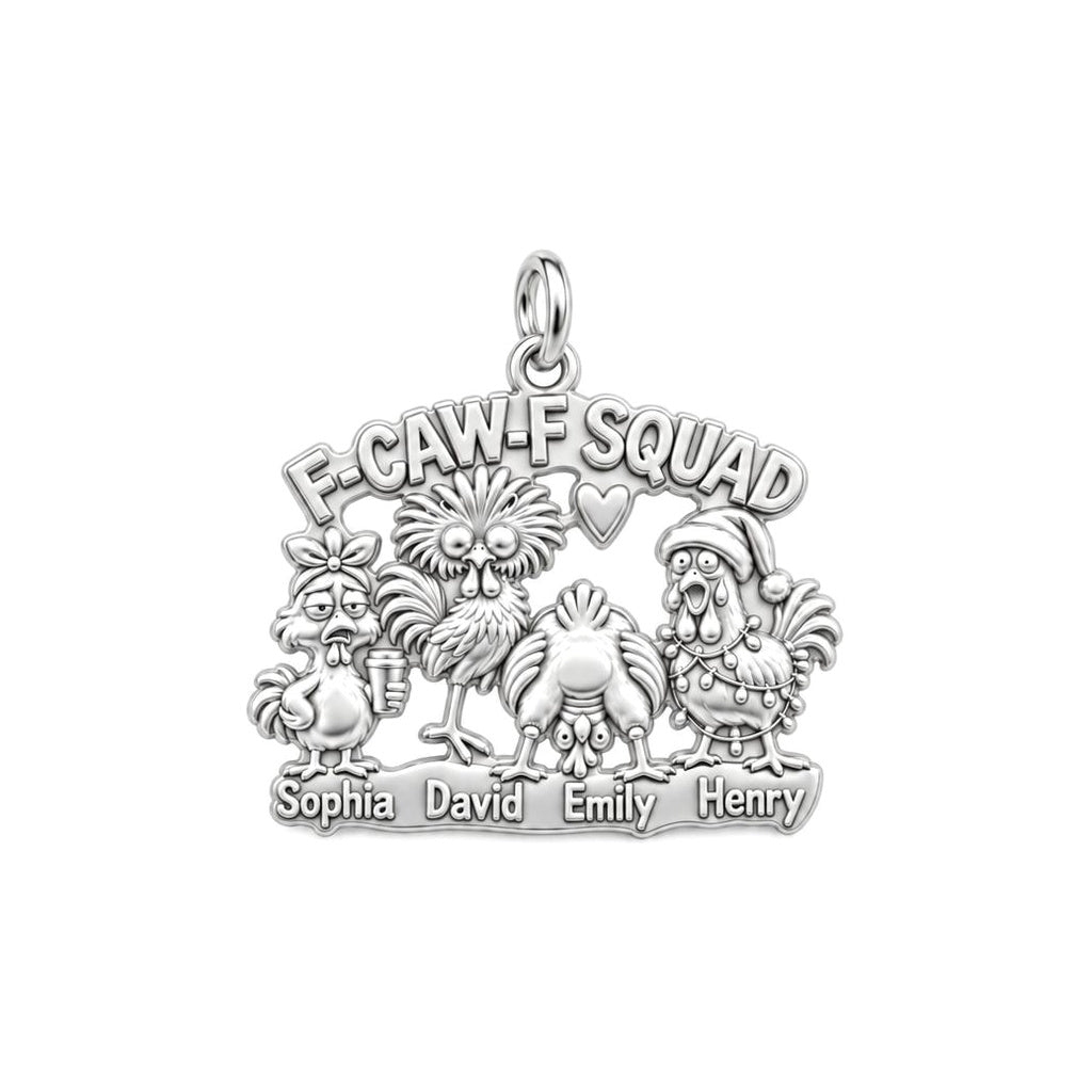 F-CAW-F Squad Chicken Charm Bracelet – Personalized Mom Gift – silver plated 3 cm charm, front view