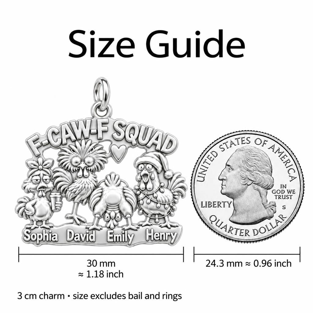 F-CAW-F Squad Chicken Charm Bracelet – Personalized Mom Gift – size guide, 3 cm charm next to a quarter