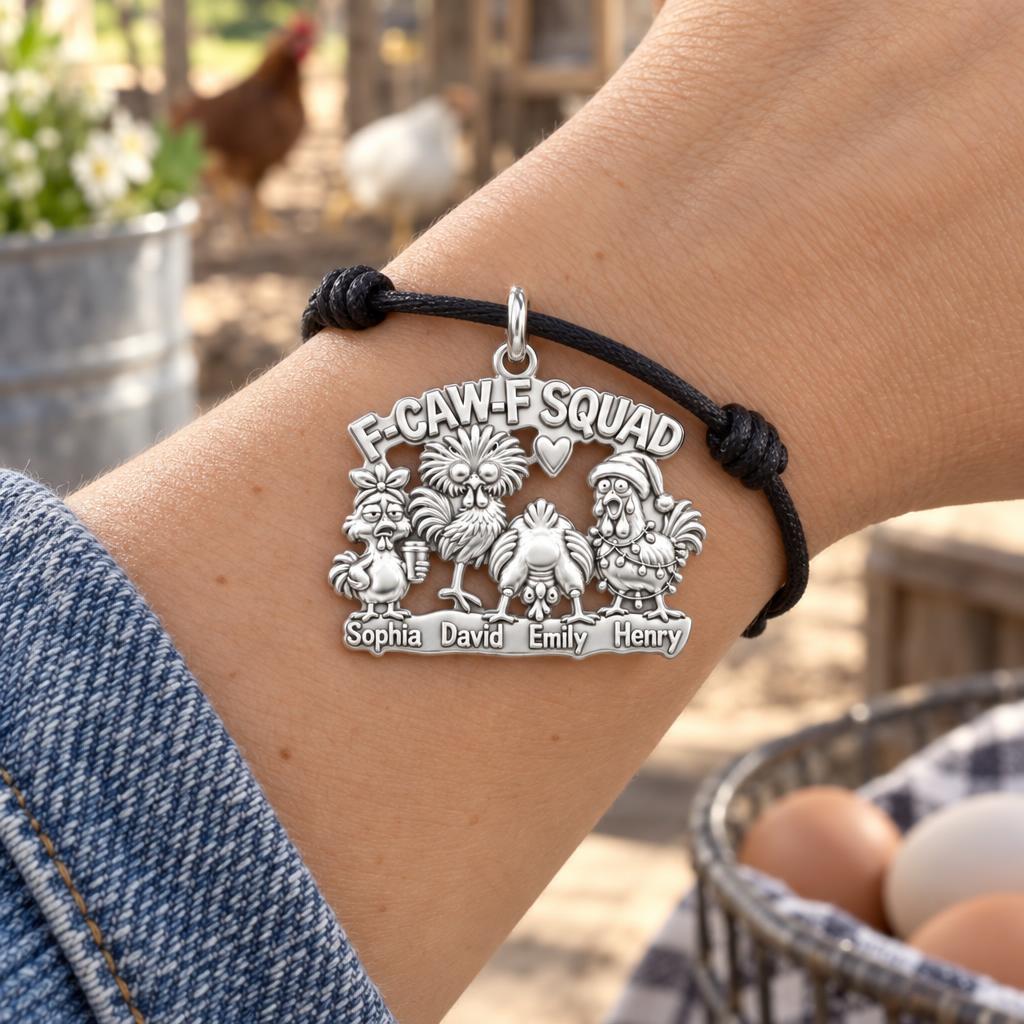 F-CAW-F Squad Chicken Charm Bracelet – Personalized Mom Gift – worn on the wrist on a black cord bracelet