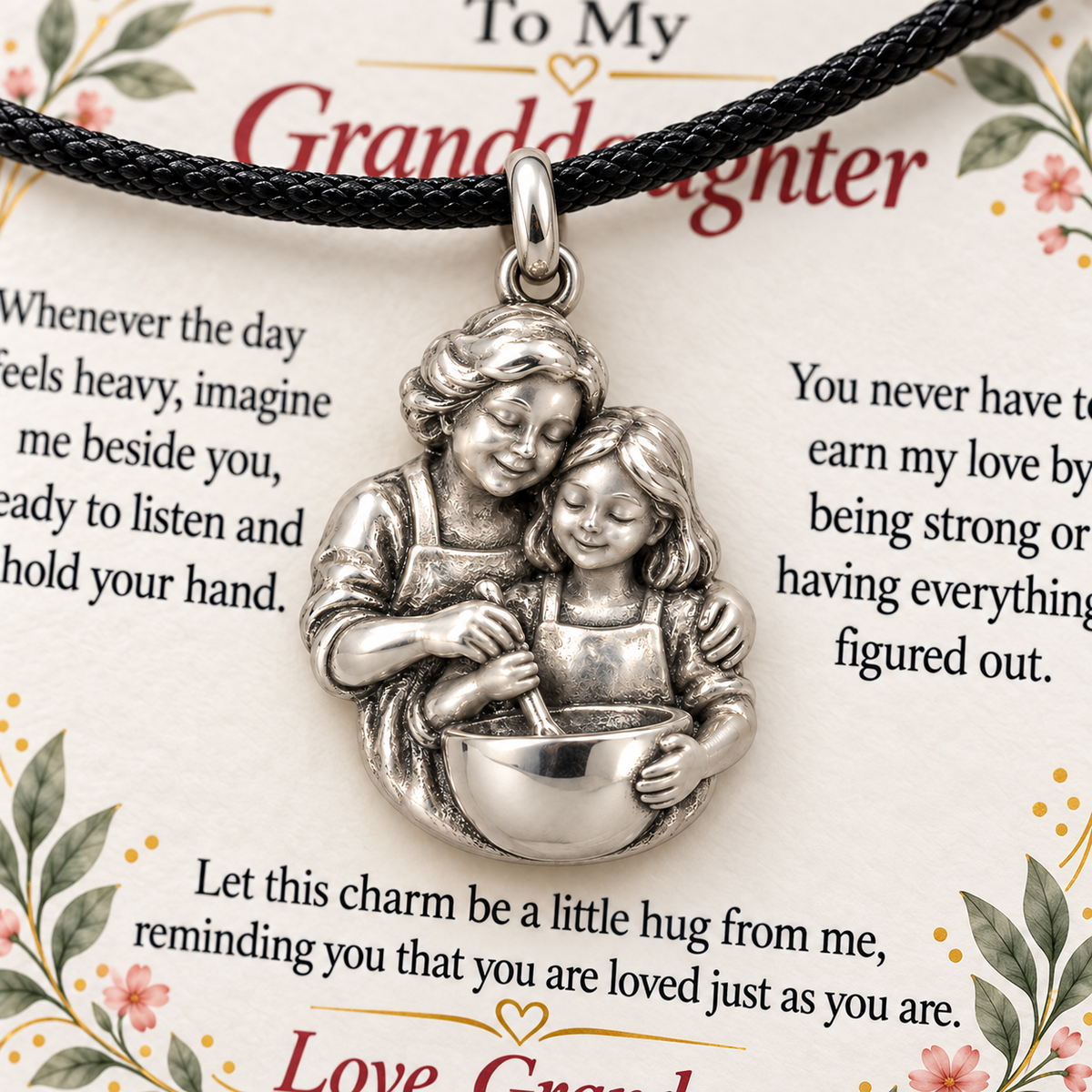 Grandma's Baking Charm: Love in Every Hug — Macro detail, silver finish