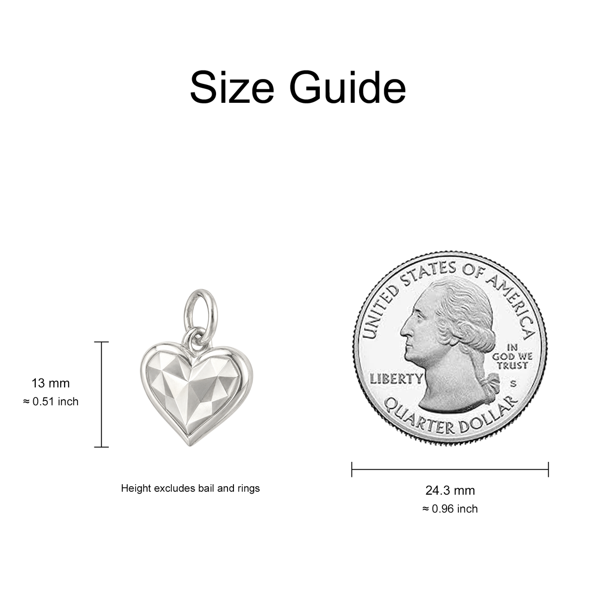 Faceted Silver Heart Charm — Size Guide — 13 mm body excluding bail and rings — 50-works-silver-20260916-62