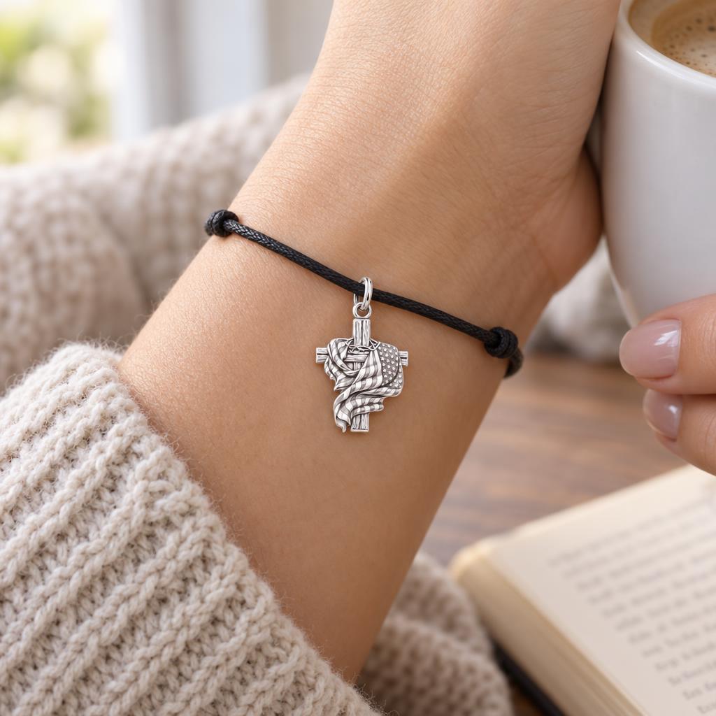 Faith and Freedom Cross Charm and Polyester Cord Bracelet Set
