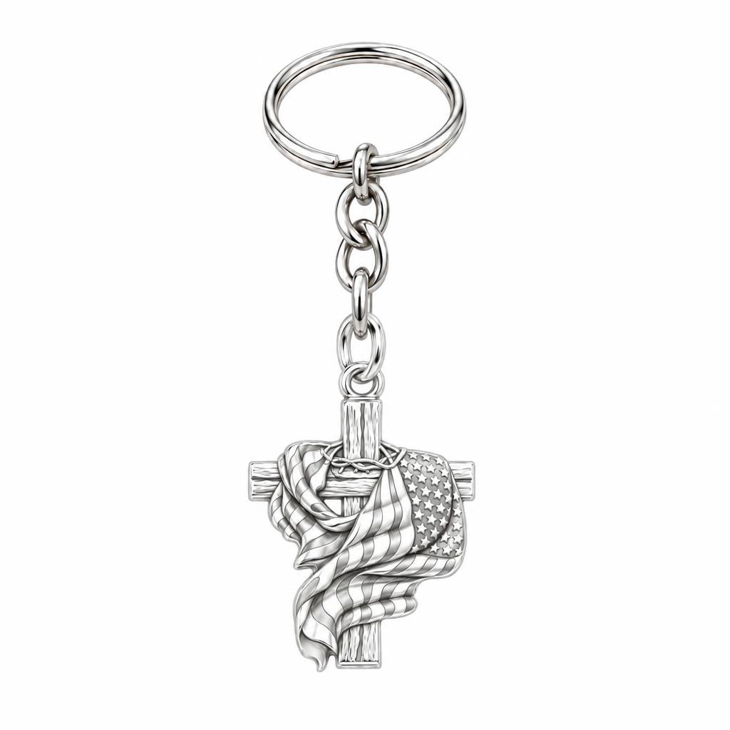 Faith and Freedom Cross Charm Keychain – silver, front view