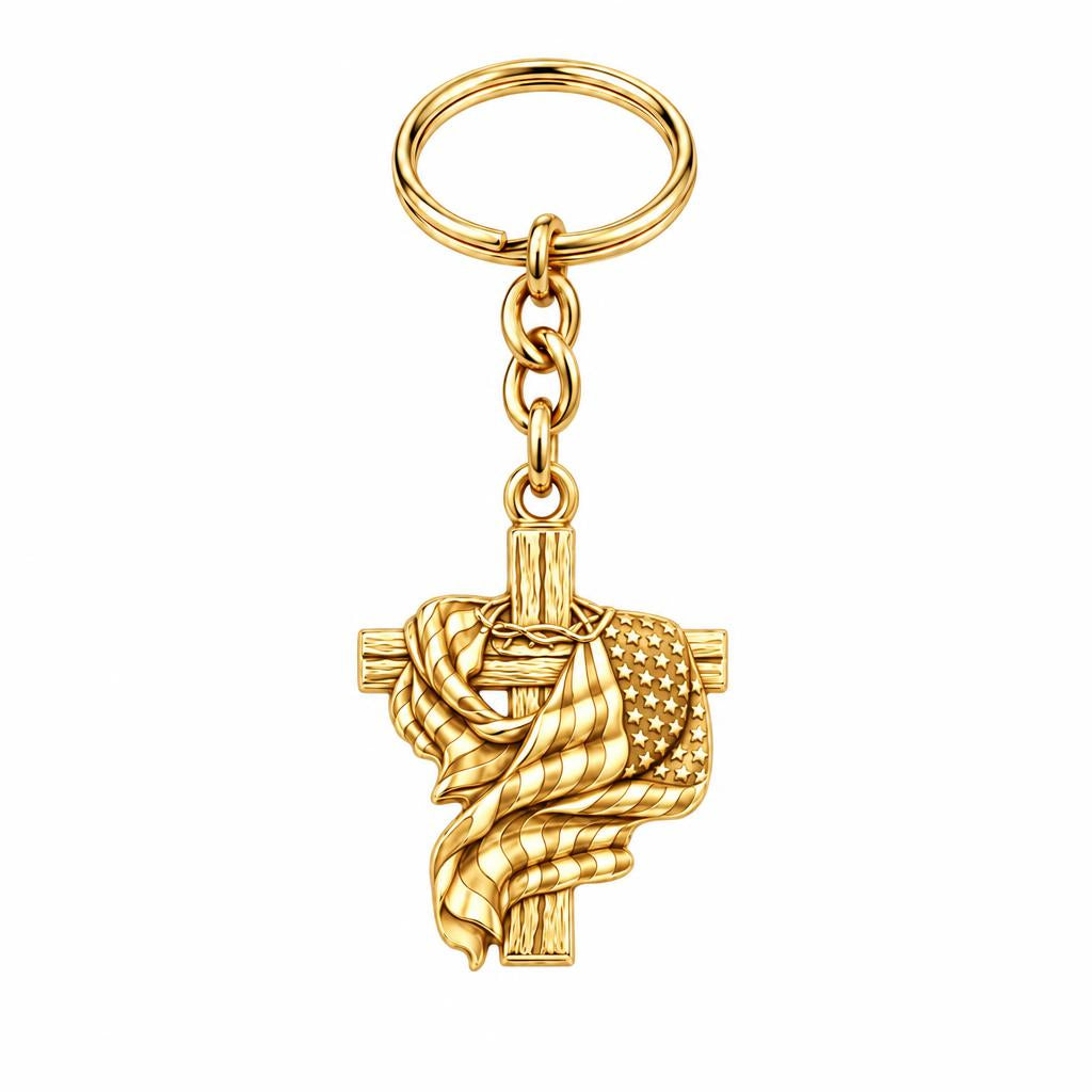Faith and Freedom Cross Charm Keychain – 18K gold, front view
