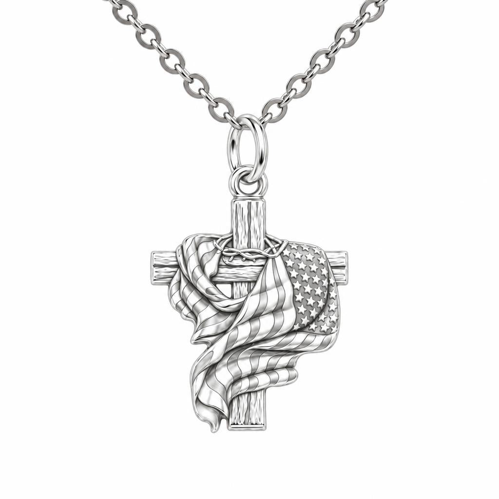 Faith and Freedom Cross Charm Necklace Set – silver, front view