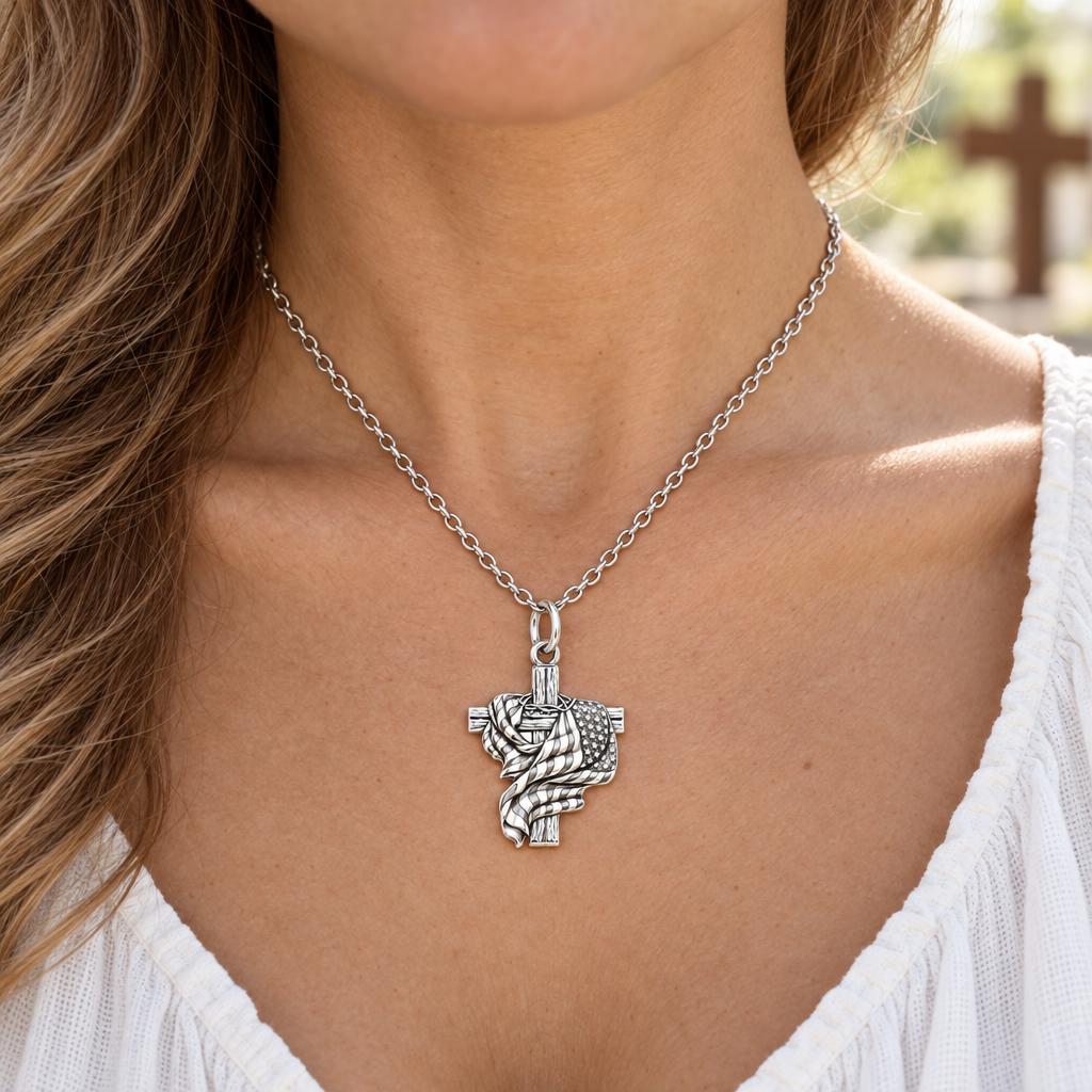 Faith and Freedom Cross Charm Necklace Set – worn / in use