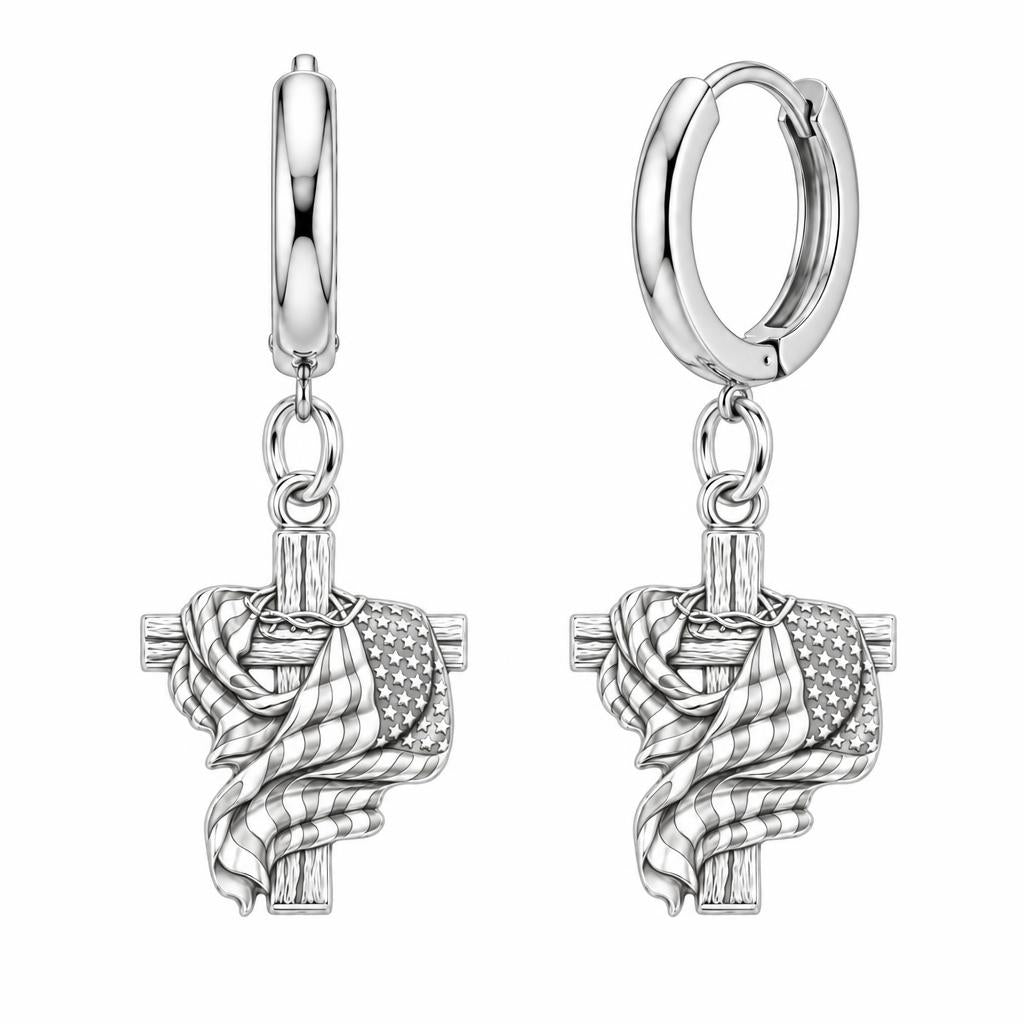 Faith and Freedom Cross Huggie Charm Earrings – silver, front view
