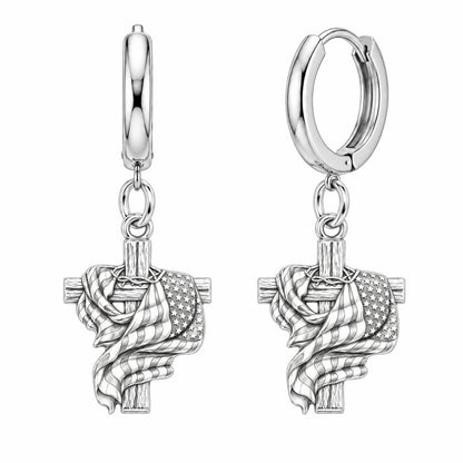 Faith and Freedom Cross Huggie Charm Earrings – silver, front view