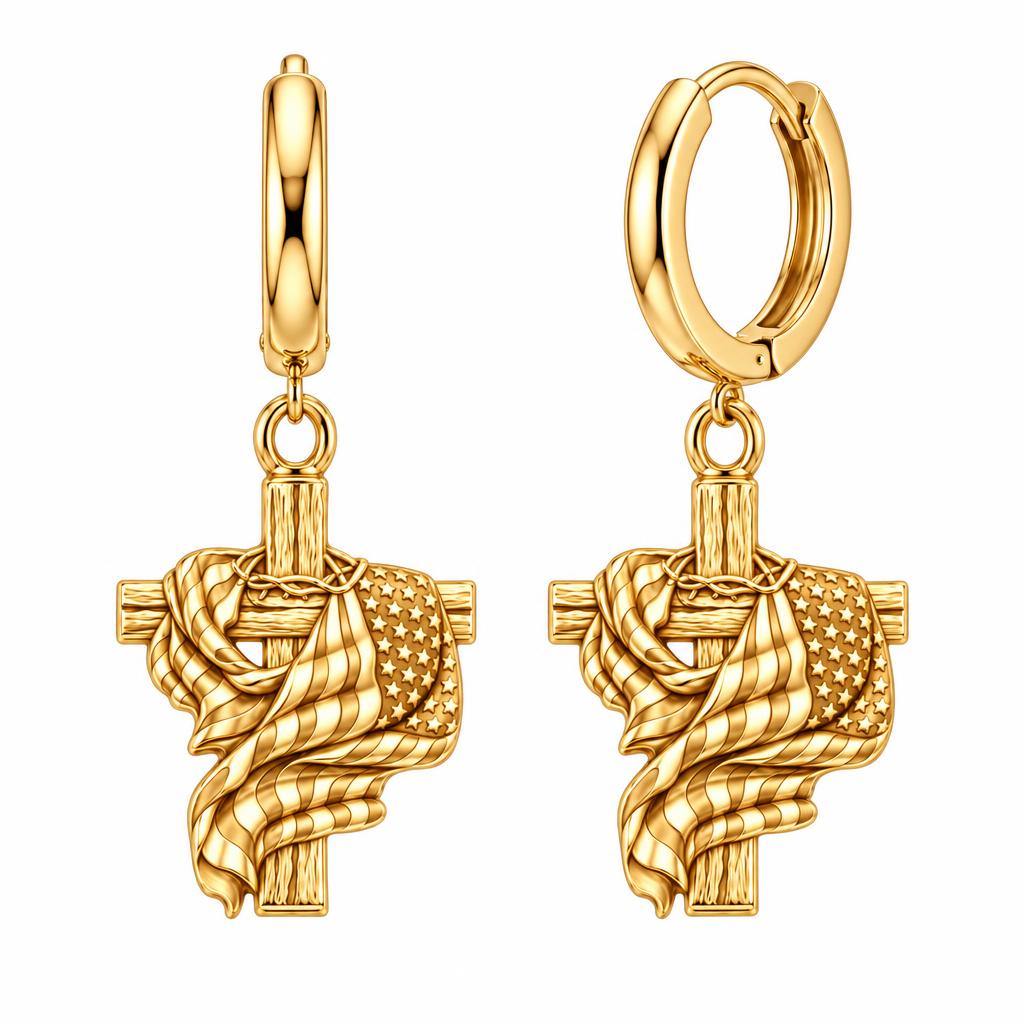 Faith and Freedom Cross Huggie Charm Earrings – 18K gold, front view